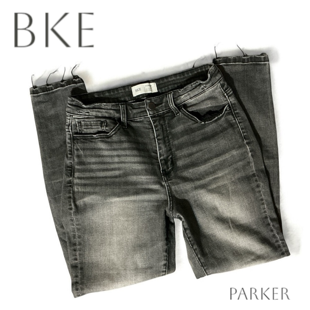 BKE Parker Jeans Straight Leg Skinny Ankle Dark Gray Distressed Style